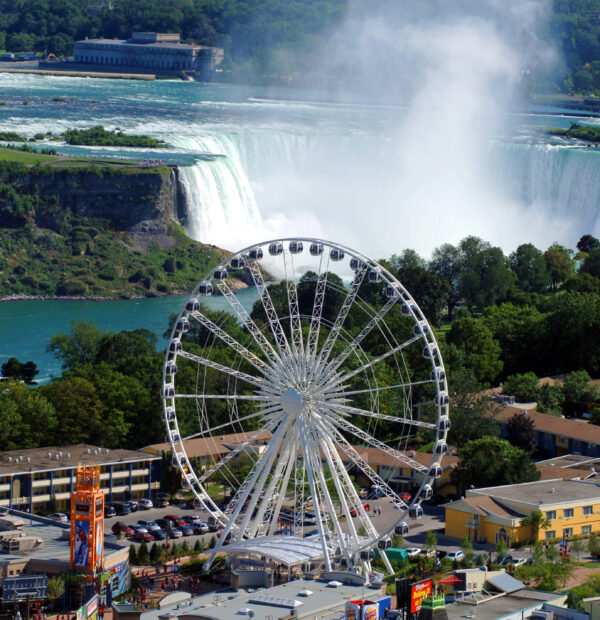 Niagara Falls Skywheel, arieal shot of niagara falls with a view of clifton hill